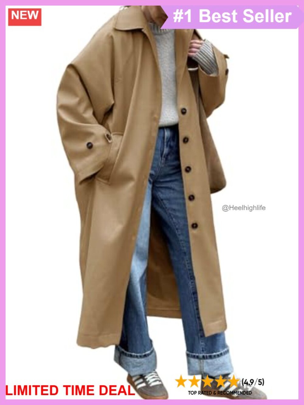 Women's 100% Polyester Trench Coat Long Sleeve Single Breasted Lapel Overcoat